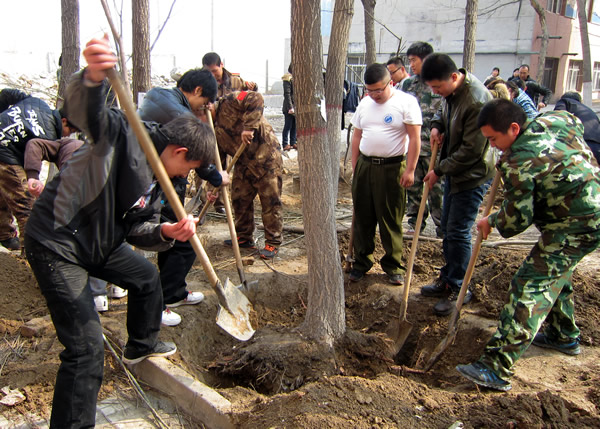 我院组织教职工移植树木绿化校园