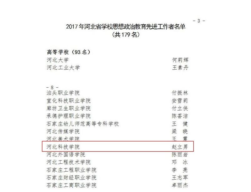 赵立男老师喜获2017年河北省高校思想政治教育先进工作者称号