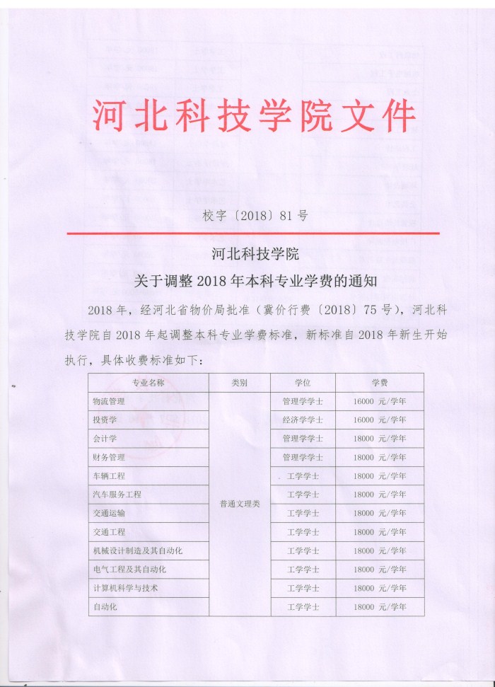 太阳集团tcy8722关于调整2018年本科专业学费的通知